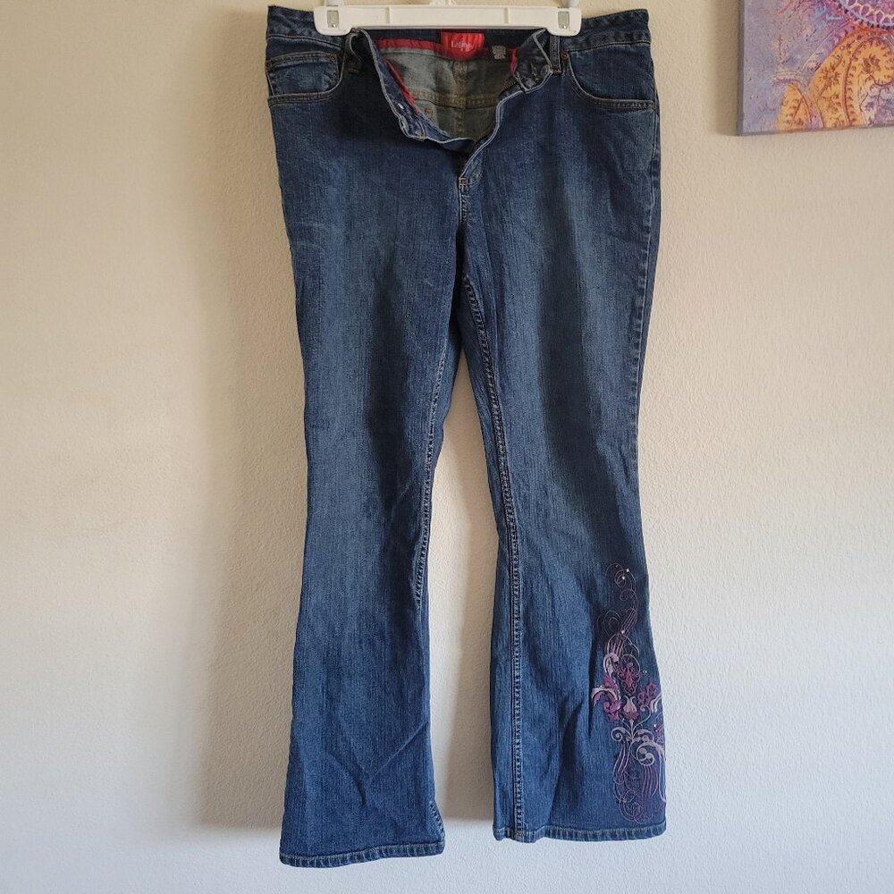 Latina Brand low rise blue denim with flare leg. Embroidery & jewel details. d